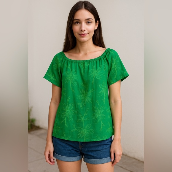 Terzo Millennio Green Size Large Made In Italy Cap Sleeve Embroidered Top Flowy - Picture 1 of 10